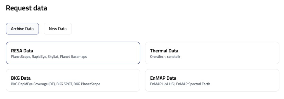 Request data screen showing Archive Data and New Data tabs with RESA, Thermal, BKG and EnMAP dataset options