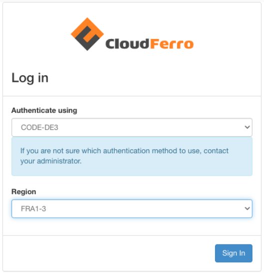 CloudFerro login screen showing CODE-DE3 authentication and FRA1-3 region selection